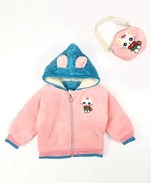 Little Jump Full Sleeves Kitten Patch Detail Hooded Cotton Fleece Jacket With Cat Embroidered Bag - Light Pink