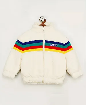 Little Jump Full Sleeves Muticolor Striped Faux Fur Jacket - White