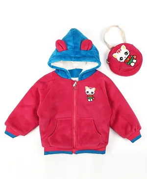 Little Jump Full Sleeves Kitten Patch Detail Hooded Cotton Fleece Jacket With Cat Embroidered Bag - Dark Pink