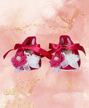 Coco Candy Flower Applique Embellished & Ribbon Detailed Booties -Dark Pink