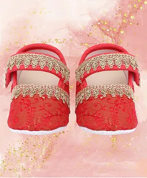 Coco Candy paisley & Leaf Designed Brocade Lace Embellished Booties - Carrot Red