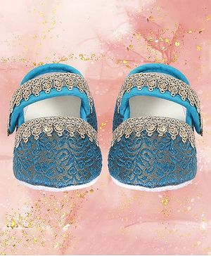 Coco Candy paisley & Leaf Designed Brocade Lace Embellished Booties - Blue