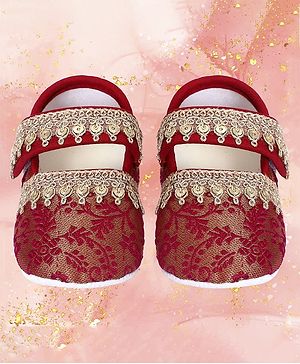 Coco Candy paisley & Leaf Designed Brocade Lace Embellished Booties - Dark Pink