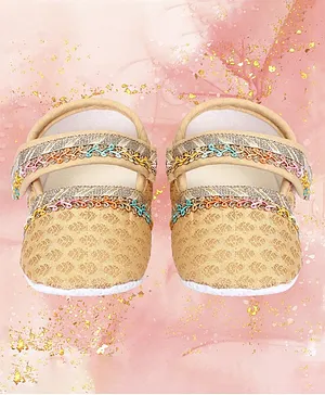 Coco Candy Motif Designed Brocade Lace Embellished Booties - Golden