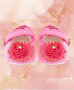 Coco Candy Stone Detailed Flower Appliqued Booties-Neon Pink