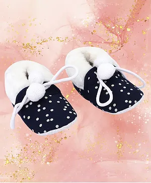 Coco Candy Polka Dots Printed Pom Pom Detail Booties- Navy Blue