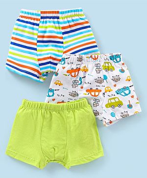 Babyhug 100% Cotton Striped & Car Printed Briefs Pack of 3 -Green & White