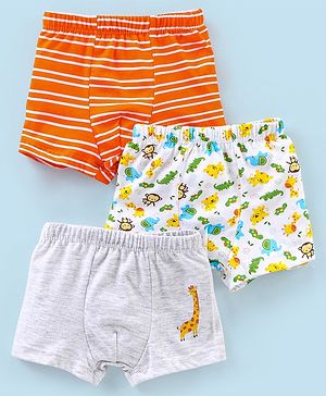 Babyhug 100% Cotton Striped & Wild Animals Printed Briefs Pack of 3 - Grey & Orange