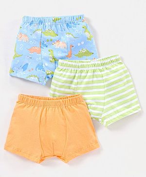 Babyhug 100% Cotton Briefs Stripes & Dino Print Pack of 3- Orange & Blue
