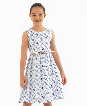 Primo Gino Cotton Elastane Sleeveless Frock With Belt Shells Print - Offwhite