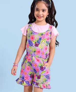Ollington St. Frill Sleeves Half Sleeves Top With Floral Print Playsuit set- Pink Purple