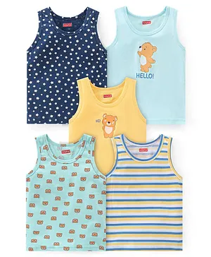 Babyhug 100 % Cotton Sando Vests Stars & Bear Print Pack of 5- Blue & Orange
