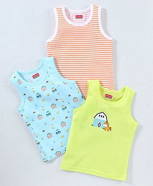 Babyhug 100% Cotton Sando Vests Stripes & House Print Pack of 3 - Orange Blue & Green