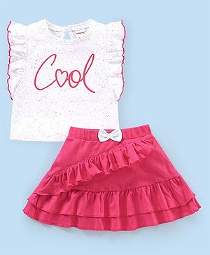 Babyhug 100% Cotton Half Sleeves Tops and Skirt Set Text Embroidery and Bow Applique - White & Pink
