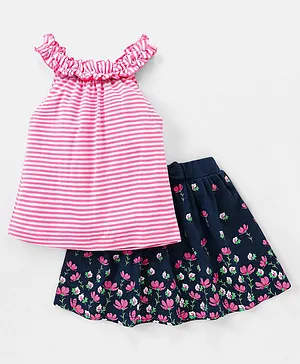 Babyhug 100% Cotton Knit Sleeveless Striped Top and Floral Printed Skirt with Bow Applique - Pink & Navy Blue