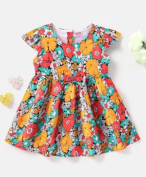 Babyhug 100% Rayon Cap Sleeves Frock With Bow Floral Print - Red & Orange