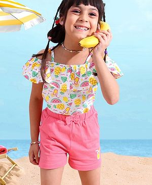Babyhug 100% Cotton OffShoulder Watermelon Print Top with Shorts Set with Bow Applique - White & Pink