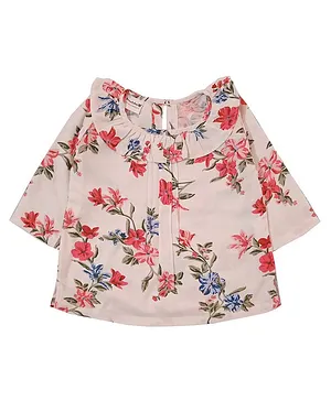 Snowflakes Three Fourth Sleeve Floral Printed Ruffled Neckline Top  - Off White