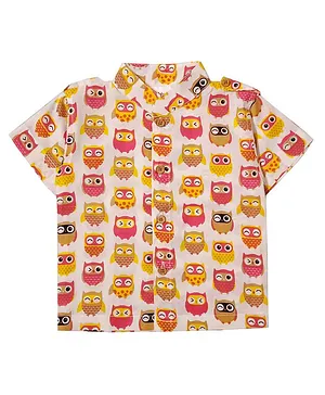 Snowflakes Half Sleeves All Over Owl Printed Shirt - White Red