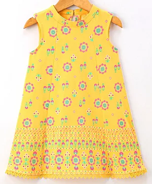 Earthy Touch 100% Cotton Knit Sleeveless Floral Print Frock - Yellow