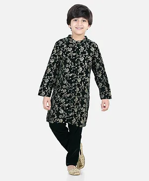 BownBee Full Sleeves Seamless Vintage Flower & Leaf Printed Sherwani With Pyjama - Dark Green