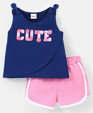 Babyhug 100% Cotton Knit Sleeveless Top and Shorts with Bow Applique Cute Print - Pink & Navy Blue