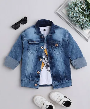 Ministitch Full Sleeves Washed Denim Jacket With Half Sleeves Six Printed T Shirt - White And Blue