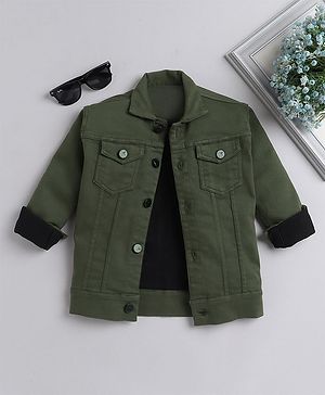Ministitch Full Sleeves Solid Denim Jacket - Olive Green