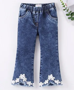 Kookie Kids Cotton Lycra Jeans With Lace Detailing - Blue