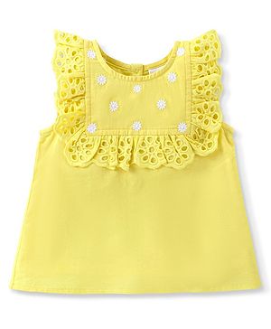 Babyhug 100% Cotton Woven Sleeveless Top With Floral Embroidery & Schiffli Frill Detailing - Yellow