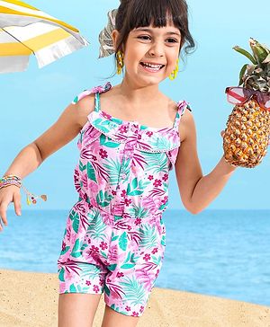 Babyhug 100% Cotton Singlet Sleeves Jumpsuit Floral Print - Pink