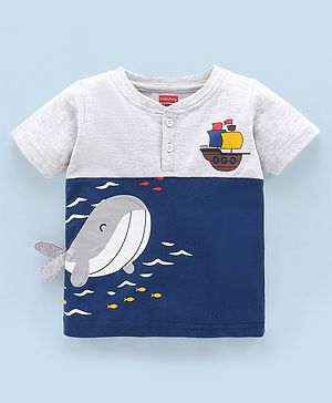 Babyhug Cotton Half Sleeves T-Shirt Whale Applique - Navy Blue & Grey