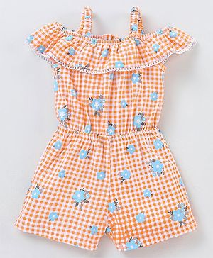 Babyhug 100% Cotton Knitted Singlet Sleeves Checks Jumpsuit - Orange