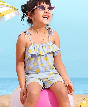 Babyhug 100% Cotton Singlet Sleeves Jumpsuit Lemon Print - Light Blue