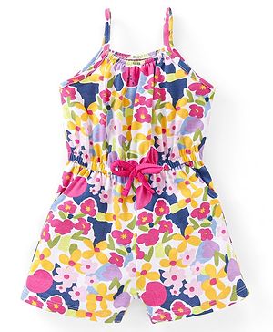 Babyhug 100% Cotton Knitted Sleeveless Jumpsuit Floral Print- Pink & Blue