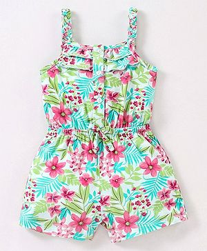 Babyhug 100% Cotton Knit Sleeveless Jumpsuit Floral Print - Mint