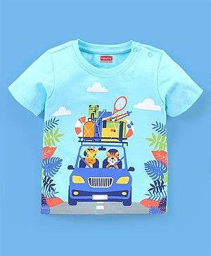 Babyhug Cotton Knit Half Sleeves T-Shirt Giraffe Print - Blue