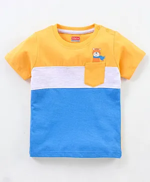 Babyhug Cotton Half Sleeves Color Block T-Shirt Tiger Print- Yellow & Blue