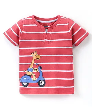 Babyhug Cotton Knit Half Sleeves Striped T-Shirt Giraffe Print - Red