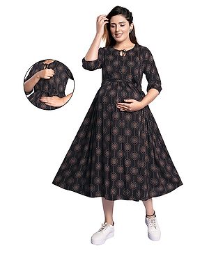 Mamma's Maternity Three Fourth Sleeves Motif Printed Maternity & Nursing Dress - Black