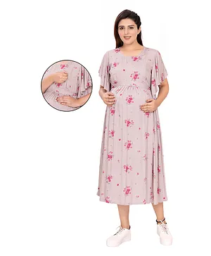 Mamma's Maternity Half Flutter Sleeves Botanical Floral  Printed Maternity Dress - Grey & Pink