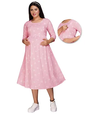 Mamma's Maternity Three Fourth Sleeves Motif Printed Maternity & Nursing Dress - Pink