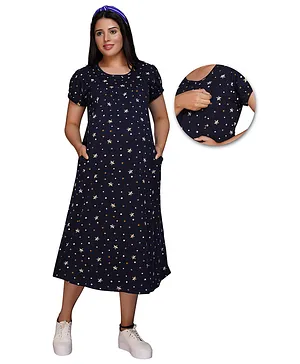 Mamma's Maternity Rayon Half Sleeves Stars Printed Maternity Dress - Navy Blue