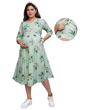 Mamma's Maternity Three Fourth Sleeves Cotton Flower Printed Maternity Dress - Green