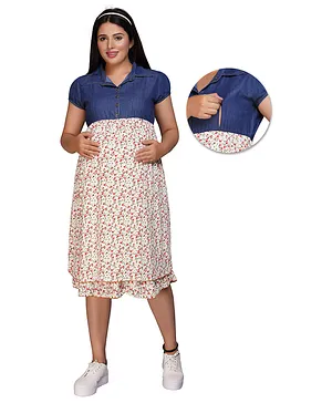 Mamma's Maternity Puffed Sleeves Denim And Rayon Floral Printed Maternity Dress - Blue Off White Red