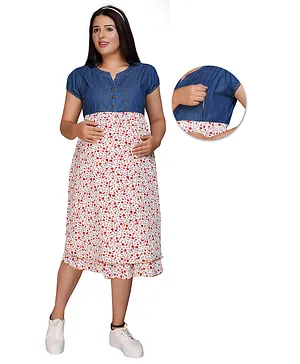 Mamma's Maternity Puffed Sleeves Denim And Rayon Floral Printed Maternity Dress - Blue Off White Red