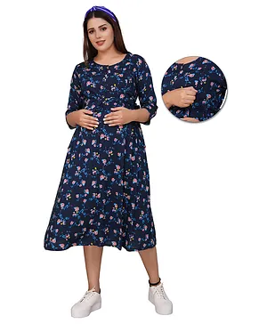 Mamma's Maternity Knee Length 3/4Th Sleeves Floral Rayon Maternity Dress - Navy Blue Pink