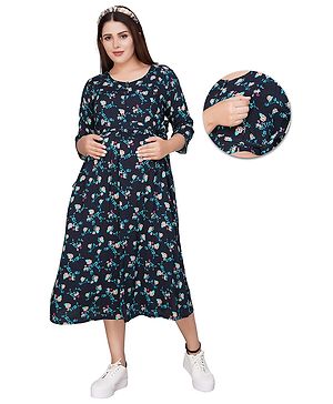 Mamma's Maternity Knee Length 3/4Th Sleeves Floral Rayon Maternity Dress - Navy Blue Brown