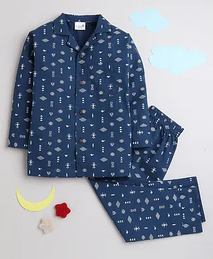 BAATCHEET Cotton Full Sleeves Abstract Symbols Printed Night Suit - Blue