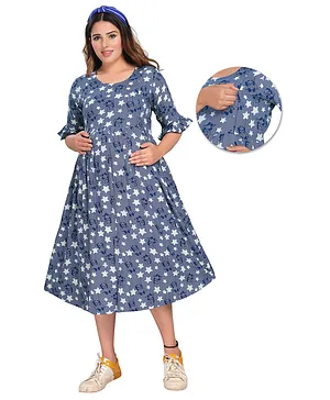 Mamma's Maternity Three Fourth Bell Sleeves Seamless Star & Panda Printed Maternity Dress - Blue